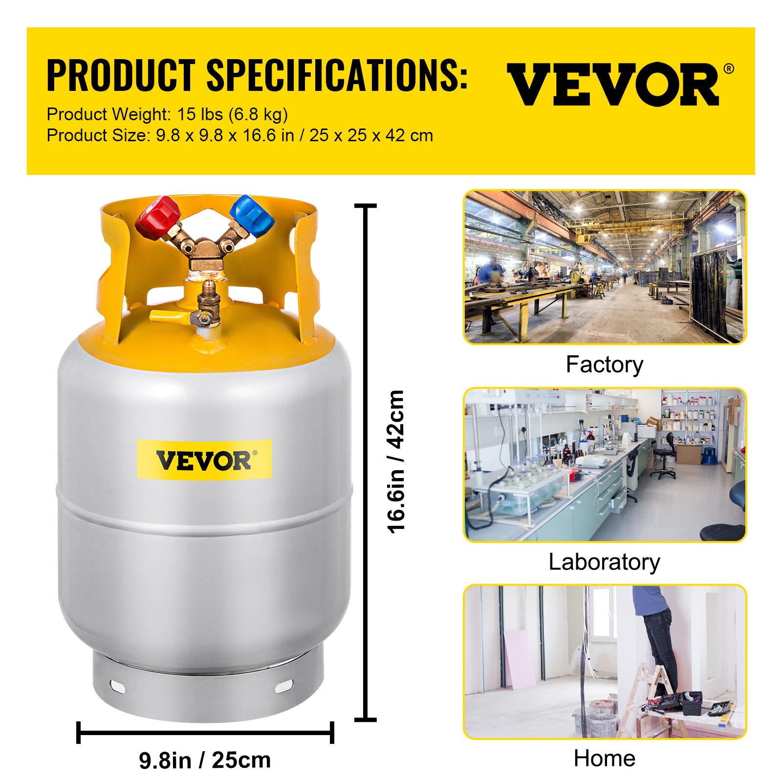 Tanque de recuperación de refrigerante VEVOR, capacidad de 30 LBS, válvula en Y para líquido/vapor, diseño de cuello de válvula doble, válvula de ahorro reutilizable y válvula en Y de 1/4 SAE, gris amarillo