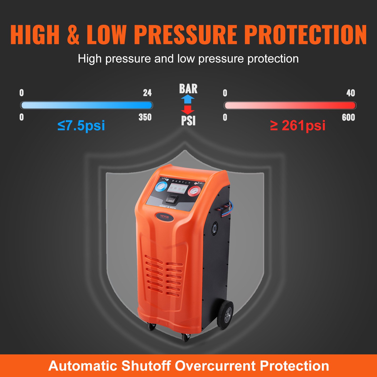 Máquina de recuperación de refrigerante VEVOR con protección de alta y baja presión y apagado automático.