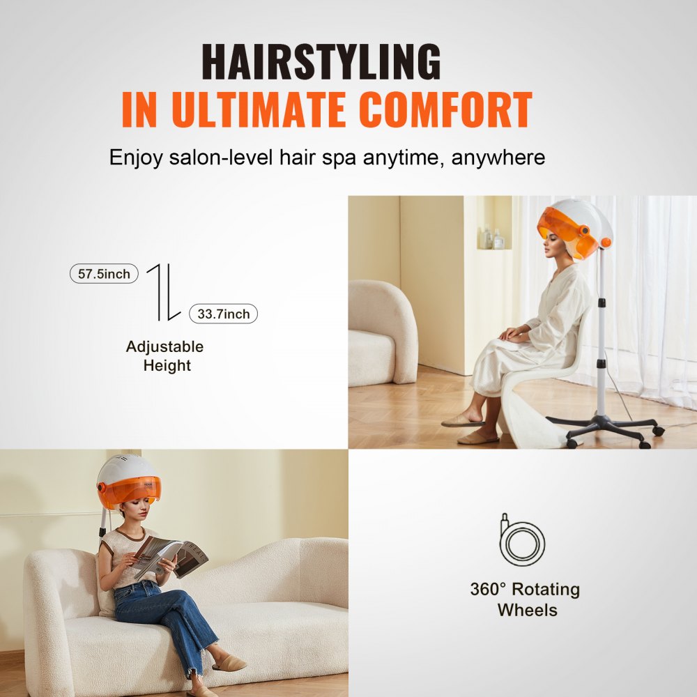 Secador de pelo VEVOR de calidad profesional, potente secador de pedestal de 1875 W, temporizador ajustable y 3 opciones de calor/velocidad, base móvil con ruedas para uso en salón y hogar.