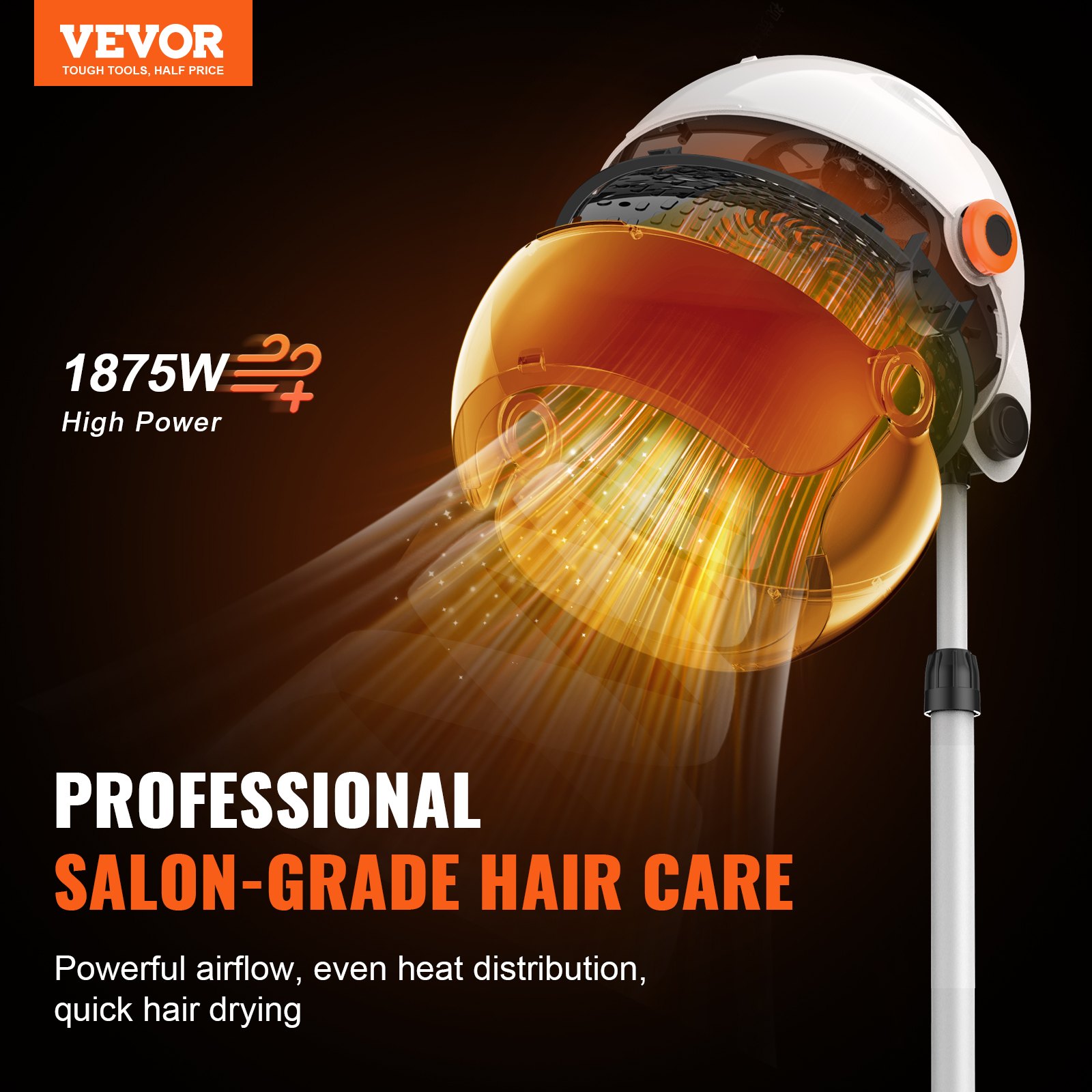 Secador de pelo VEVOR de calidad profesional, potente secador de pedestal de 1875 W, temporizador ajustable y 3 opciones de calor/velocidad, base móvil con ruedas para uso en salón y hogar.
