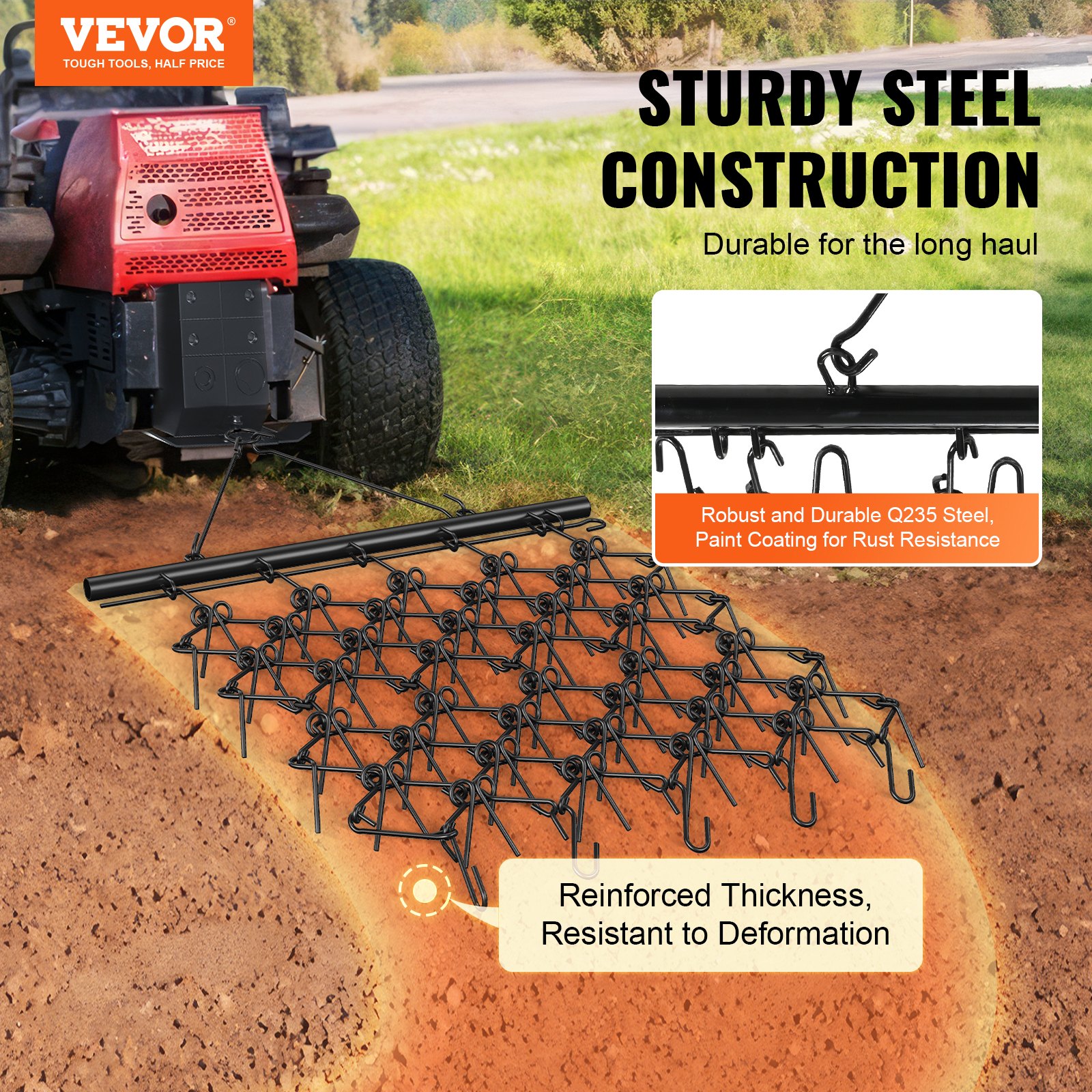 Grada de arrastre VEVOR acoplada a tractor rojo con robusta construcción en acero y espesor reforzado.