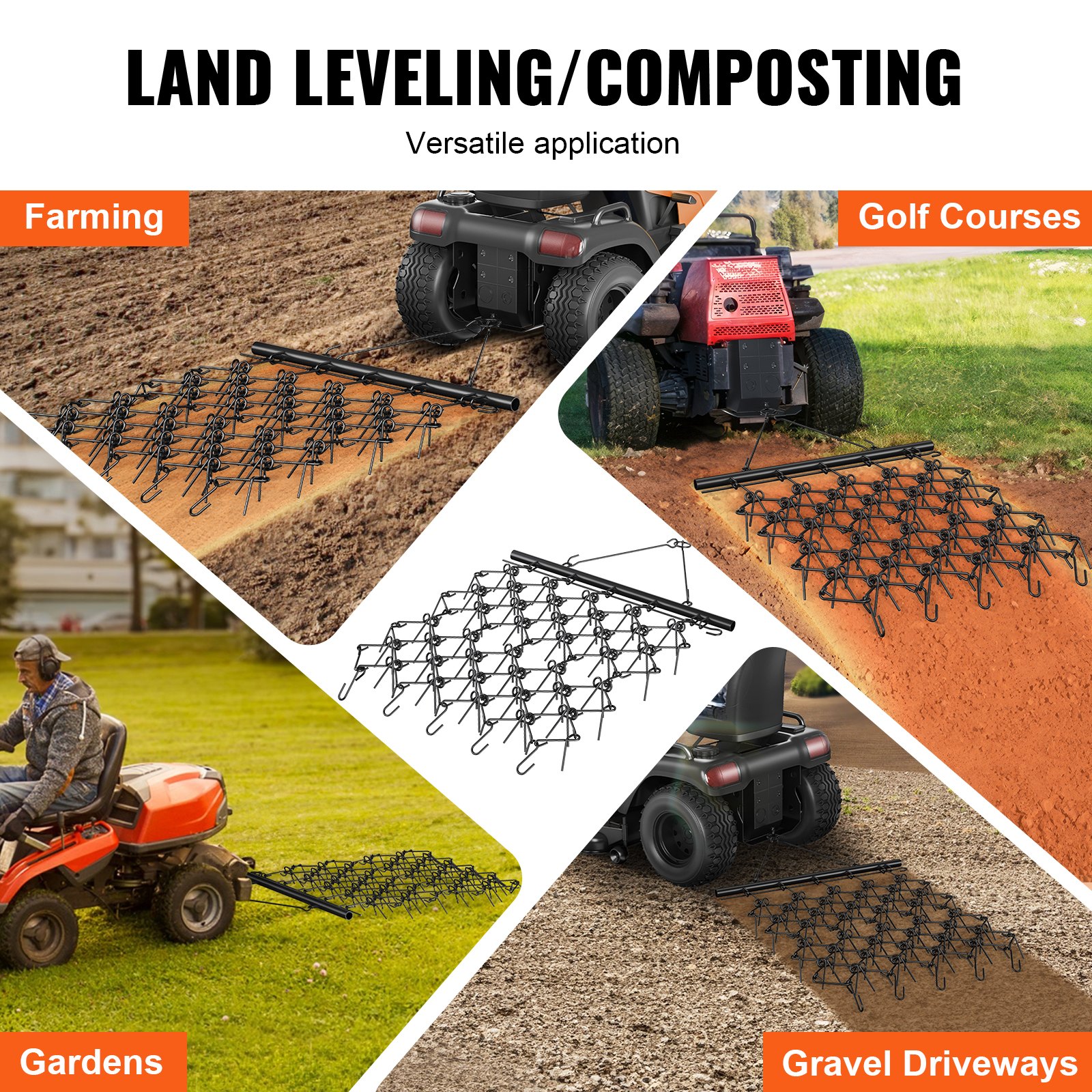 Rastra de cadena VEVOR de 1,2 m x 1,7 m para trabajo pesado con 69 dientes, accesorio para tractor ATV UTV, estera de arrastre para preparación de césped, siembra de césped, nivelación de paisajes, rastrillo para entrada de grava y patio.