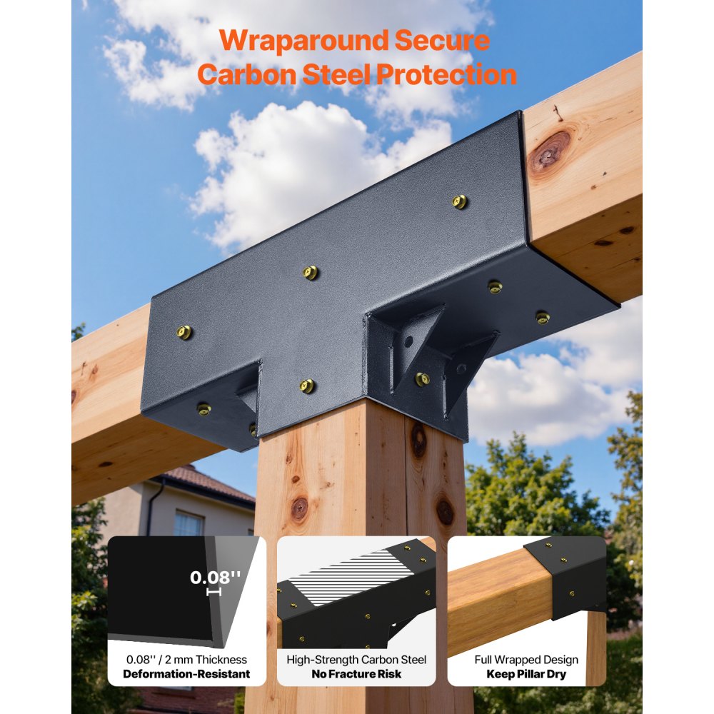 Kit de pérgola VEVOR (paquete de 2), en forma de T, 4 x 4 (medidas reales: 3,5 x 3,5 pulgadas), soportes de pérgola de 3 vías, kit de soporte de cenador de carpintería DIY con tornillos para vigas de madera de 3,5 x 3,5 pulgadas en tamaño real para banquetes y fiestas al aire libre.