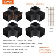VEVOR Kit de soporte para pérgola de 6.0 x 6.0 in, 4 piezas de soporte de esquina de 3 vías resistente para carpintería, kit de base de poste de bricolaje, vigas de madera de fácil instalación para cenadores, pérgolas de patio, accesorios para pérgola al aire libre de cabaña de troncos