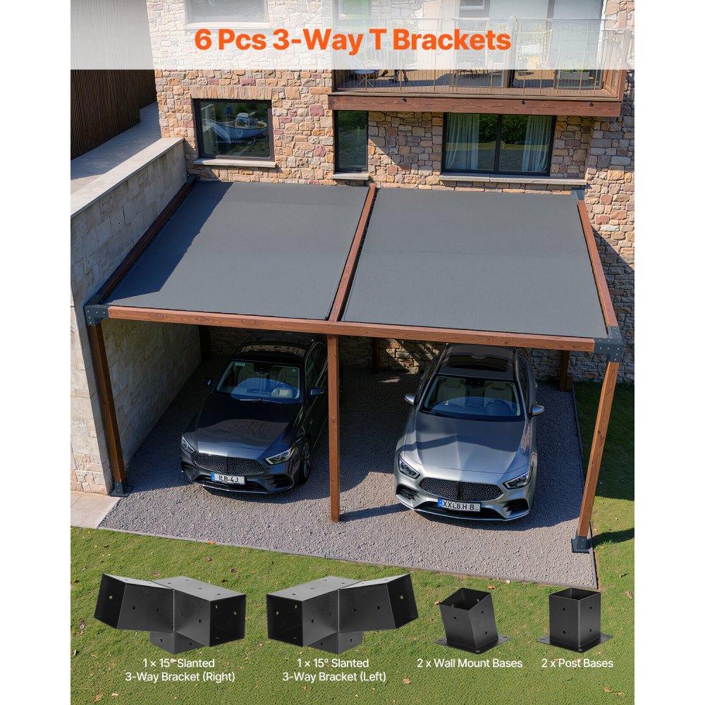 Kit de pérgola VEVOR, soportes inclinados de 3 vías de 4 x 4 pulgadas para vigas de madera de 3,5 x 3,5 pulgadas en tamaño real, paquete de 2 soportes con 2 bases para postes y 2 bases para montaje en pared, para pérgolas, cenadores y cobertizos de exterior.