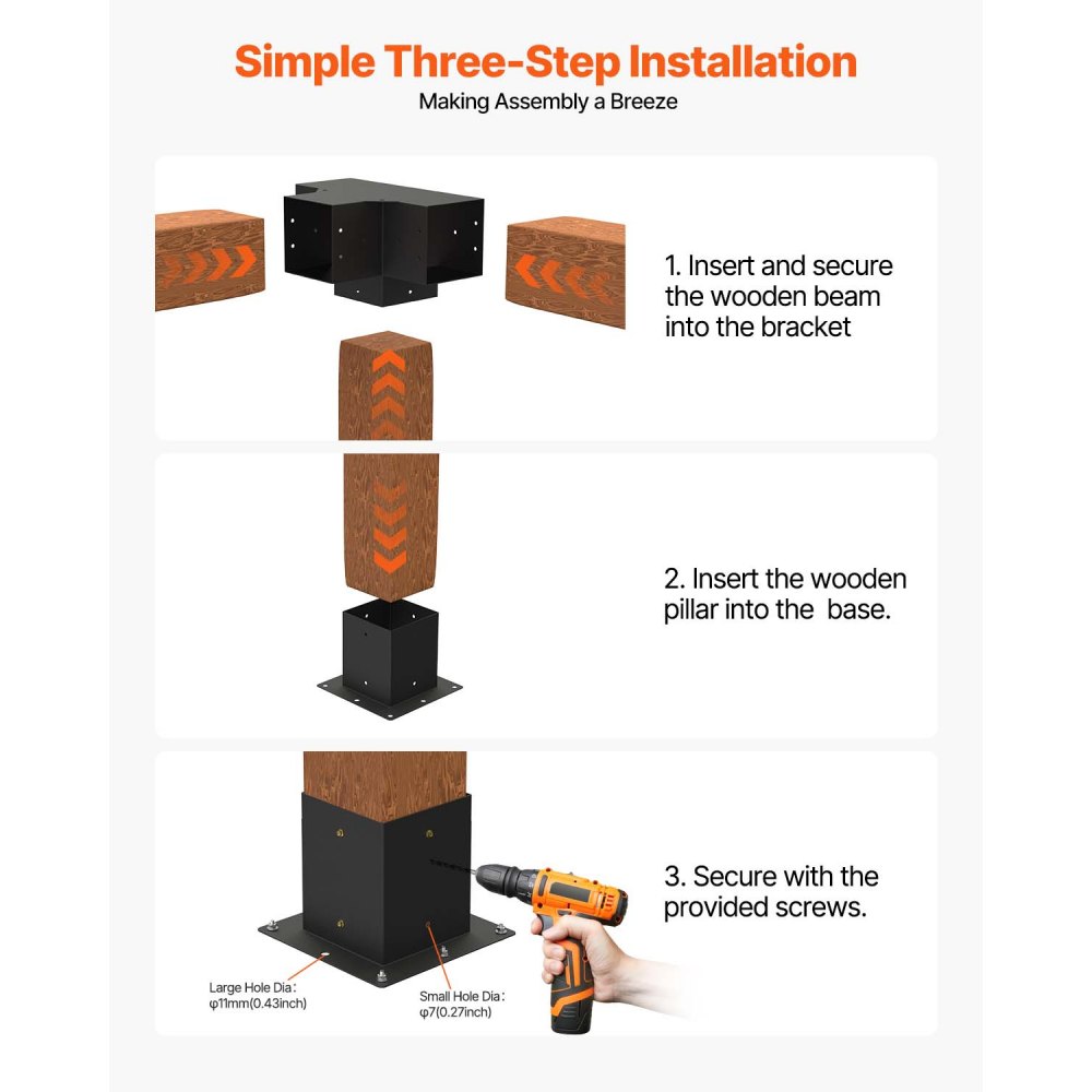 VEVOR 4PCS Kit de Soporte de Pérgola 4"x4" (10x10 cm) Soporte para Postes de Maderas 2 Soportes de Esquina de 4 Vías y 2 Bases de Vigas Hardware de Bricolaje para Cenadores, Pérgolas de Patio, Cabañas
