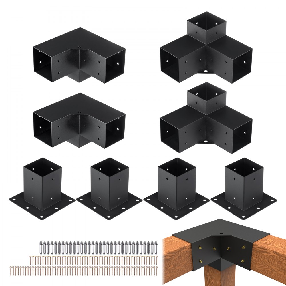 Kit de soporte de pérgola VEVOR con soportes de esquina negros, tornillos y bases de soporte de postes de madera.