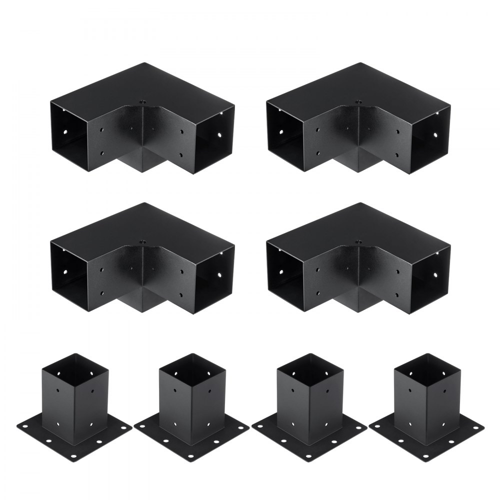 Componentes del kit de soporte de pérgola VEVOR negro, incluidos soportes de esquina y soportes de base sobre fondo blanco.