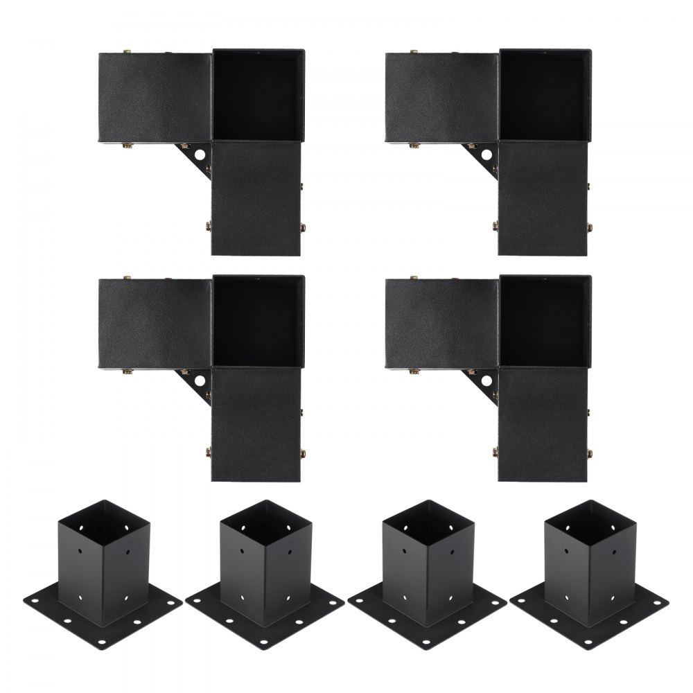 Kit de soporte de pérgola VEVOR con 4 soportes de esquina negros y 4 soportes de base para una construcción resistente.