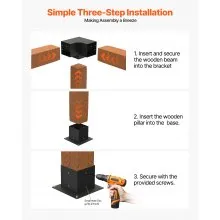VEVOR Kit de soporte para pérgola de 4.0 x 4.0 in, 8 piezas de soporte de esquina de 3 vías resistente para carpintería, kit de base de poste de bricolaje, vigas de madera de fácil instalación para cenadores, pérgolas de patio, accesorios para pérgola al aire libre de cabaña de troncos