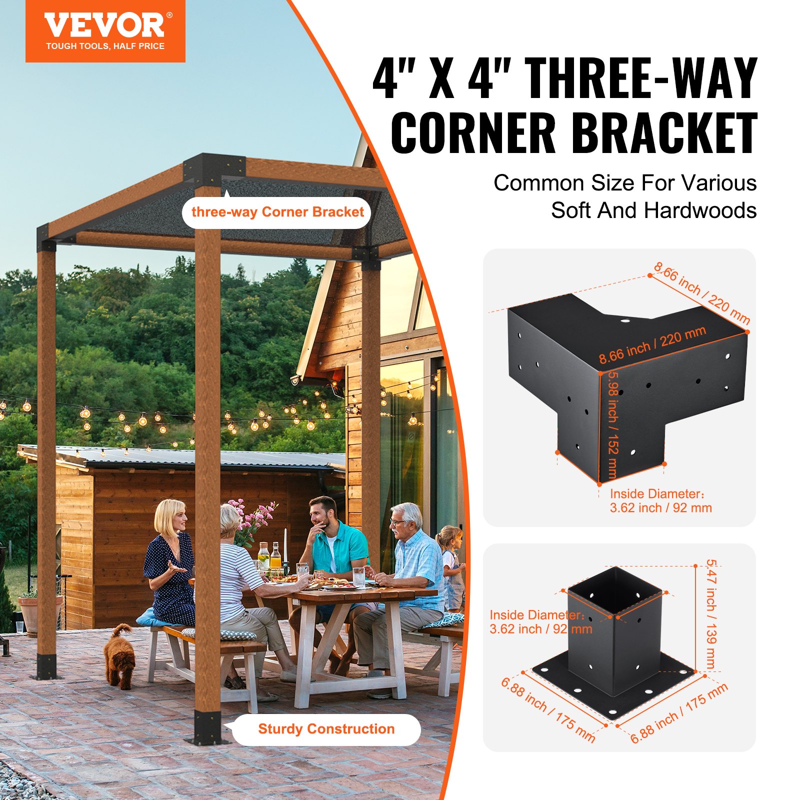 Kit de soporte de pérgola VEVOR, soporte de esquina de tres vías de 4&quot; x 4&quot; para diversas maderas blandas y duras, construcción resistente.