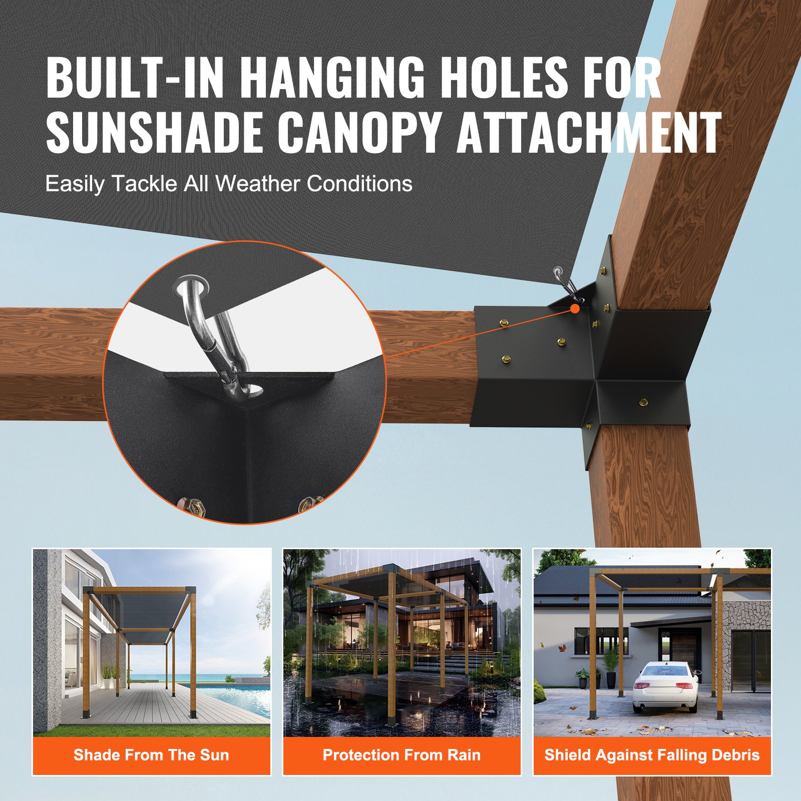 Kit de soporte de pérgola VEVOR que muestra orificios para colgar incorporados para la fijación del toldo parasol.