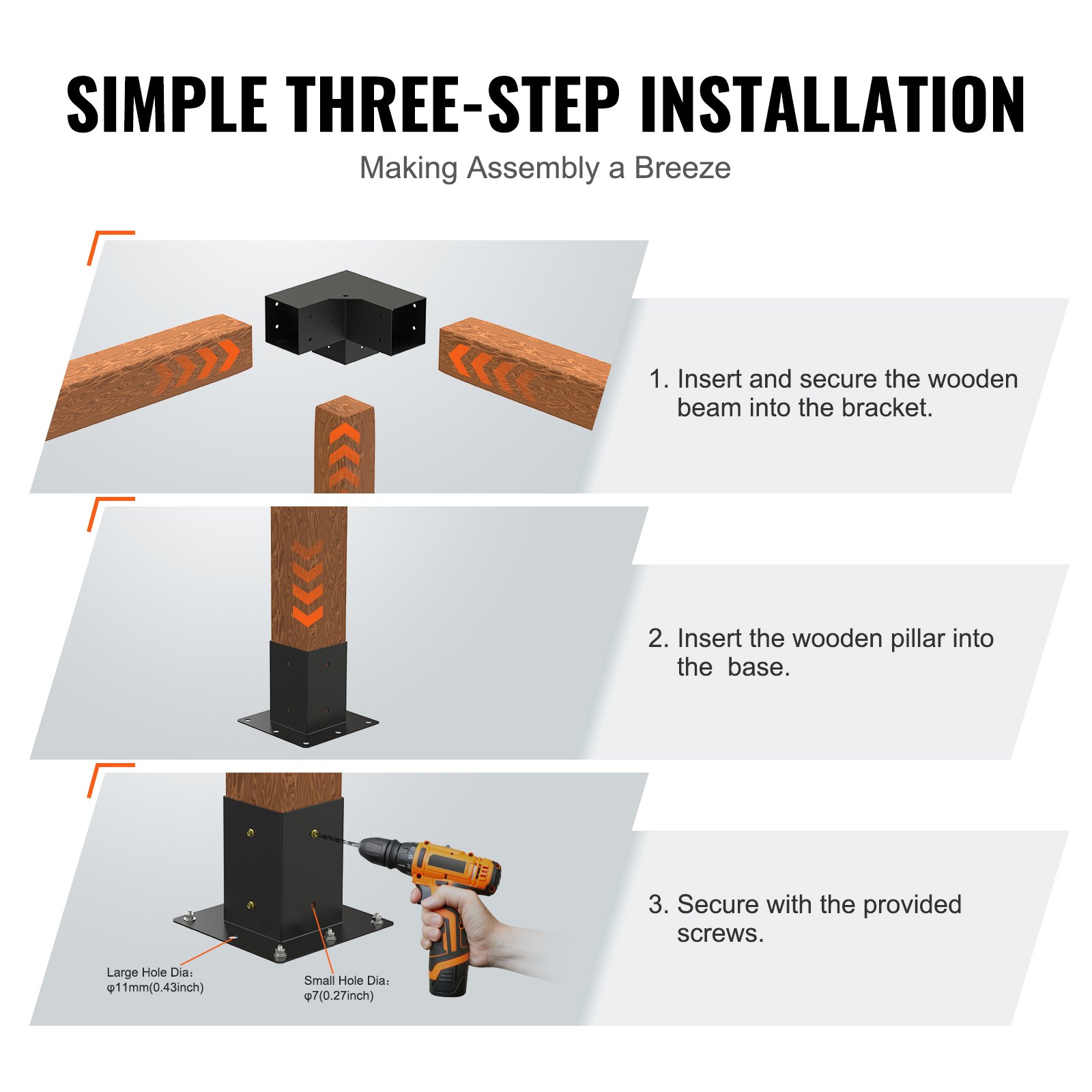 Kit de soporte para pérgola VEVOR: instalación en tres pasos con vigas de madera, pilares y tornillos.
