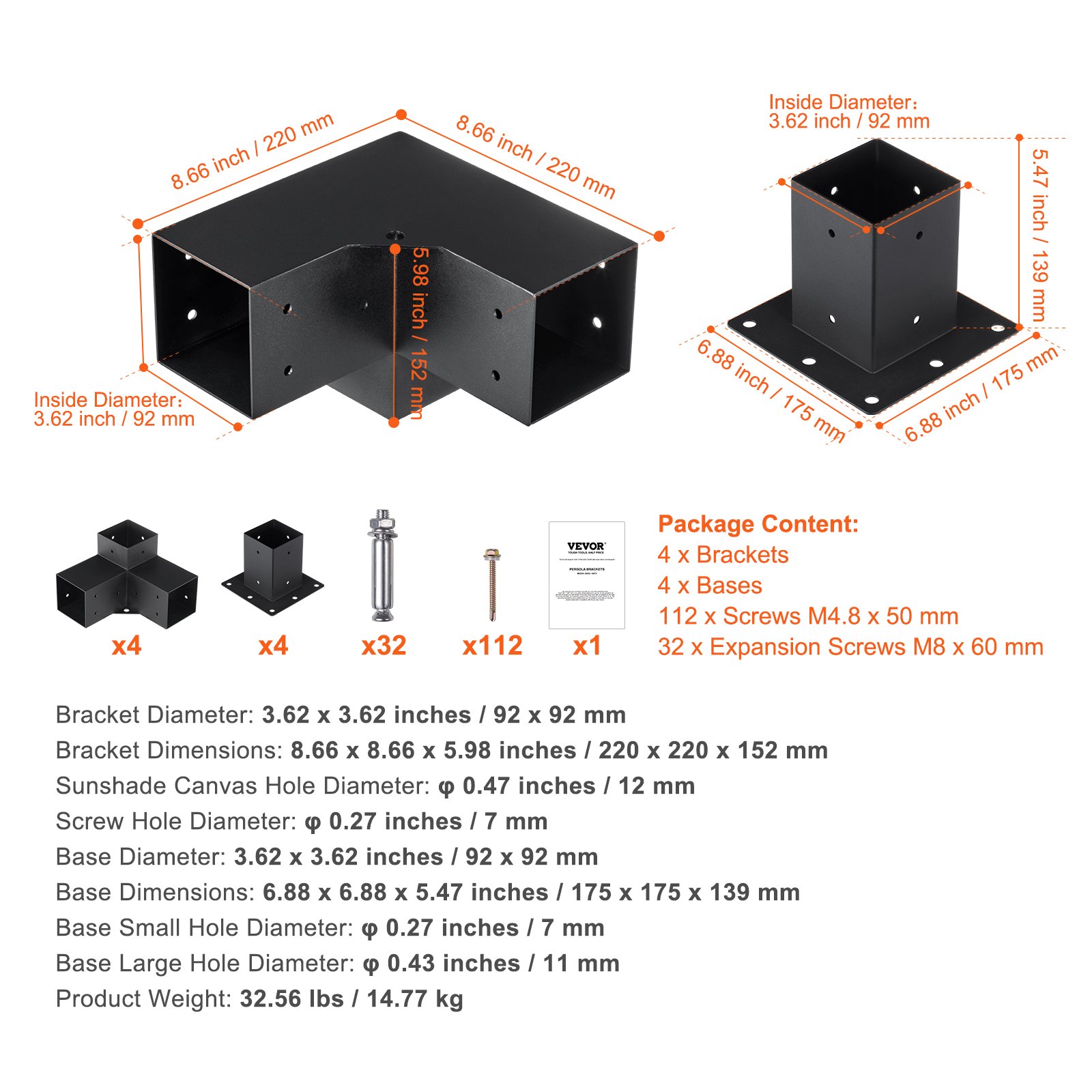 Kit de soportes para pérgola VEVOR, dimensiones y especificaciones, incluye soportes, bases, tornillos y manual.