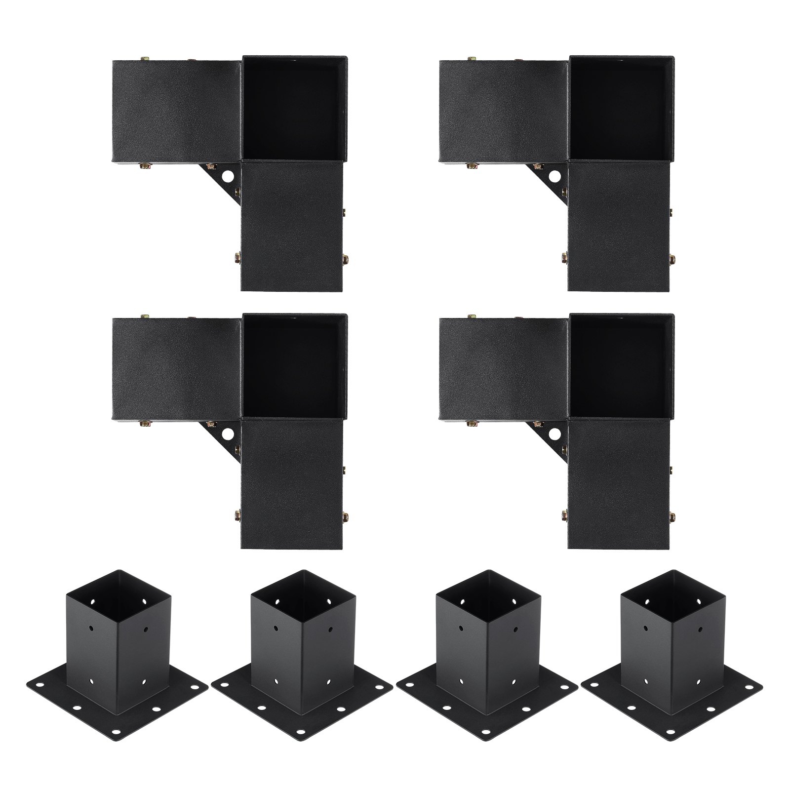 Kit de soporte de pérgola VEVOR con 4 soportes de esquina negros y 4 soportes de base para una construcción resistente.