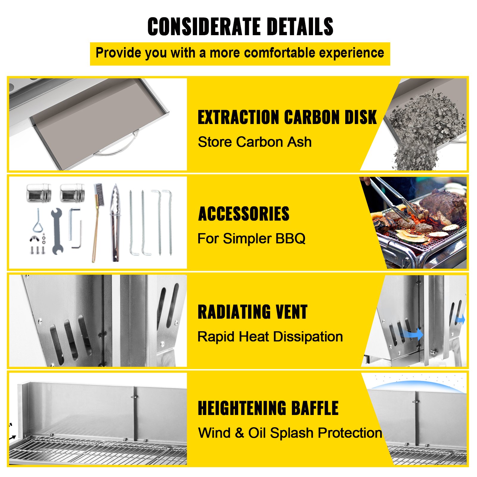 VEVOR Barbacoa de Carbón Portátil BBQ 60 kg Acero Inoxidable con 3 Parrillas