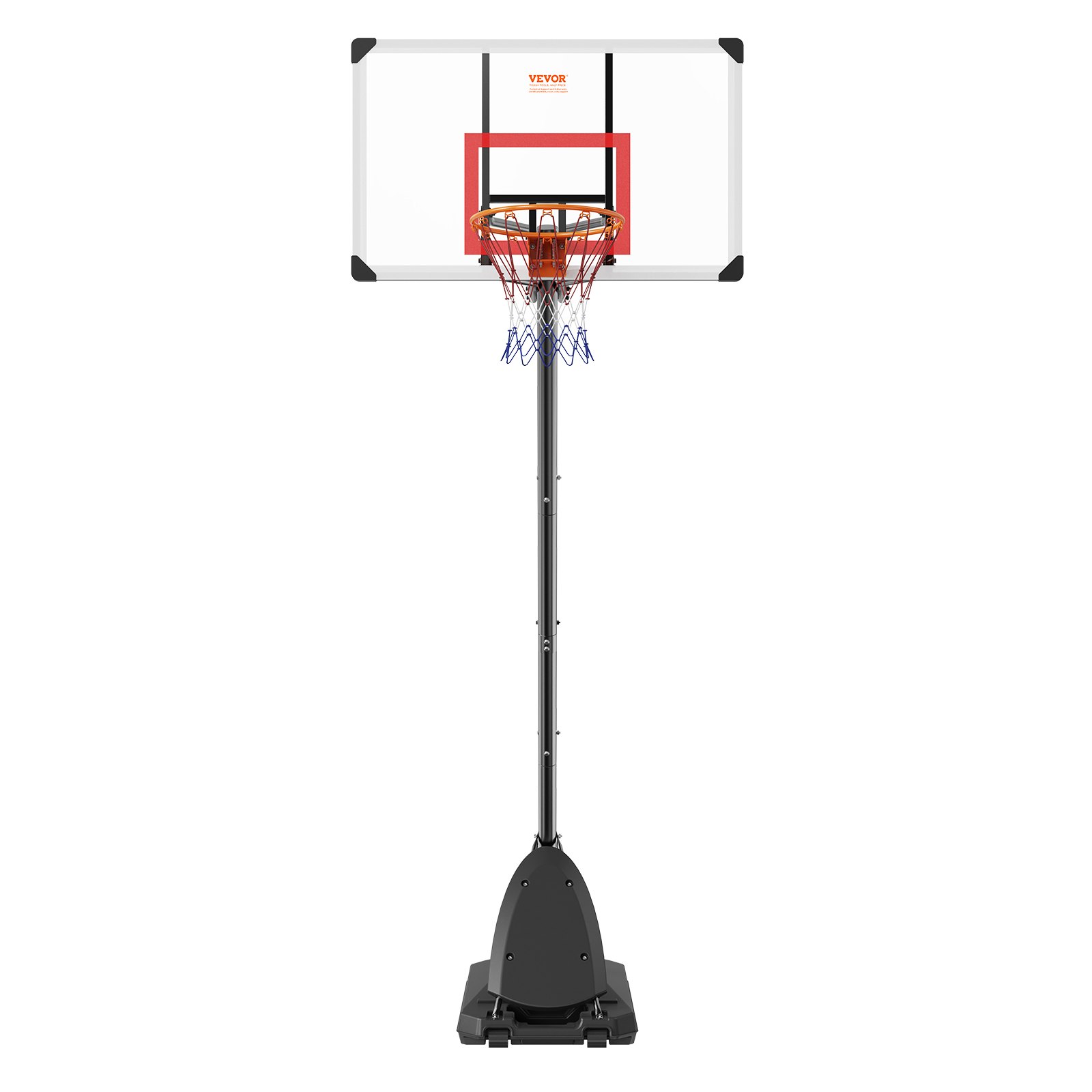 Aro de baloncesto VEVOR con tablero transparente, aro rojo, poste negro y base resistente.
