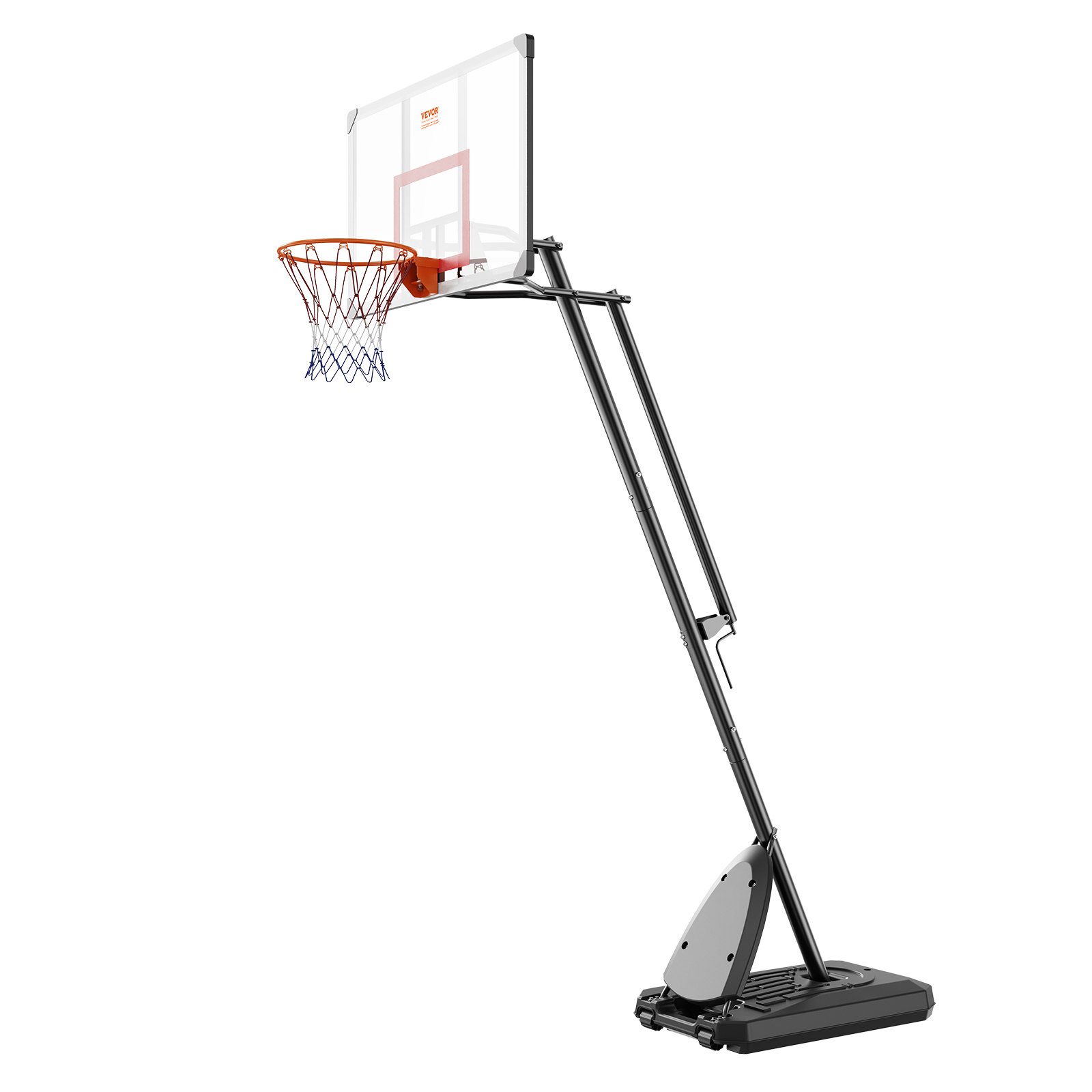 Aro de baloncesto VEVOR con altura ajustable, tablero transparente y base resistente para jugar al aire libre.