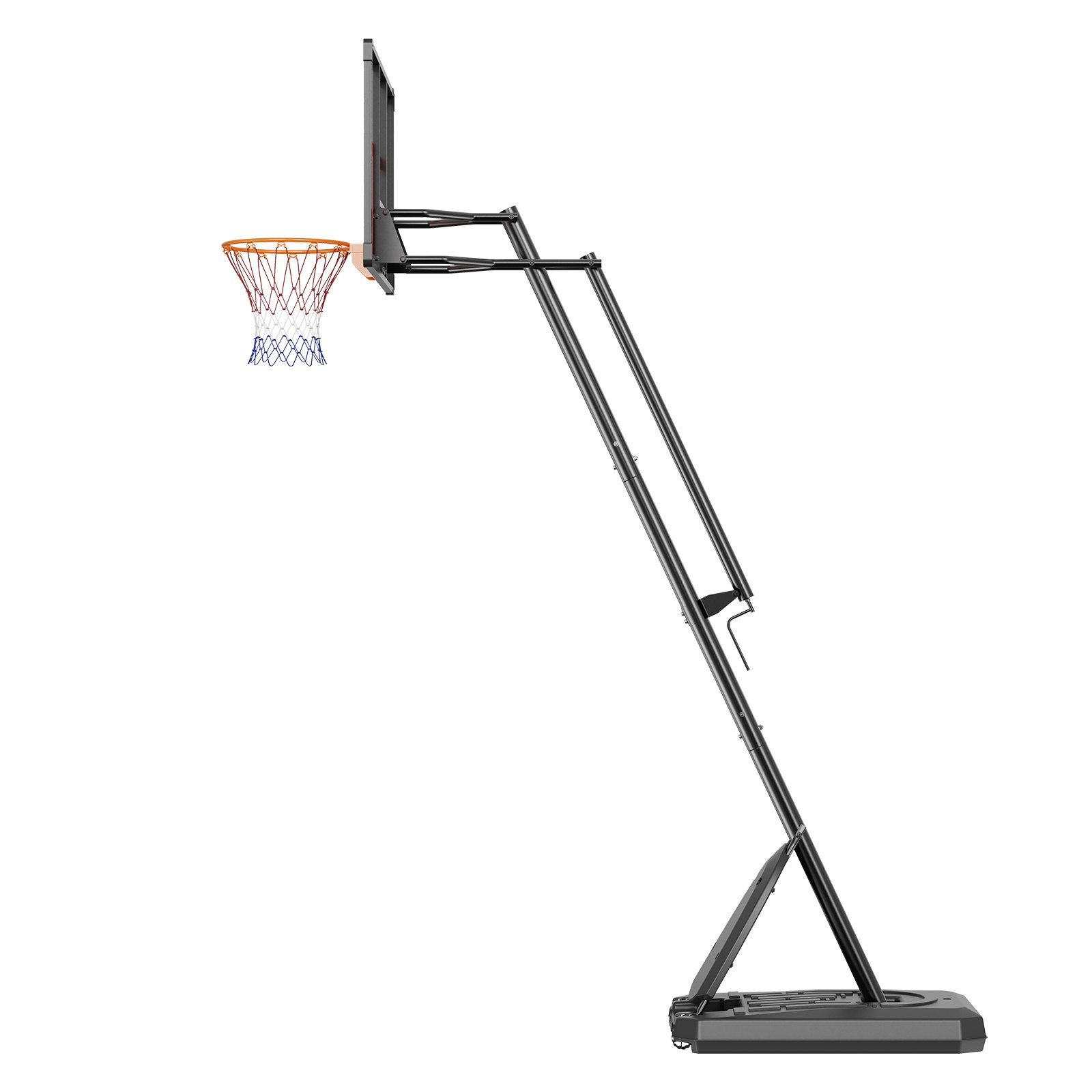Aro de baloncesto portátil VEVOR con altura ajustable y base resistente, vista lateral.