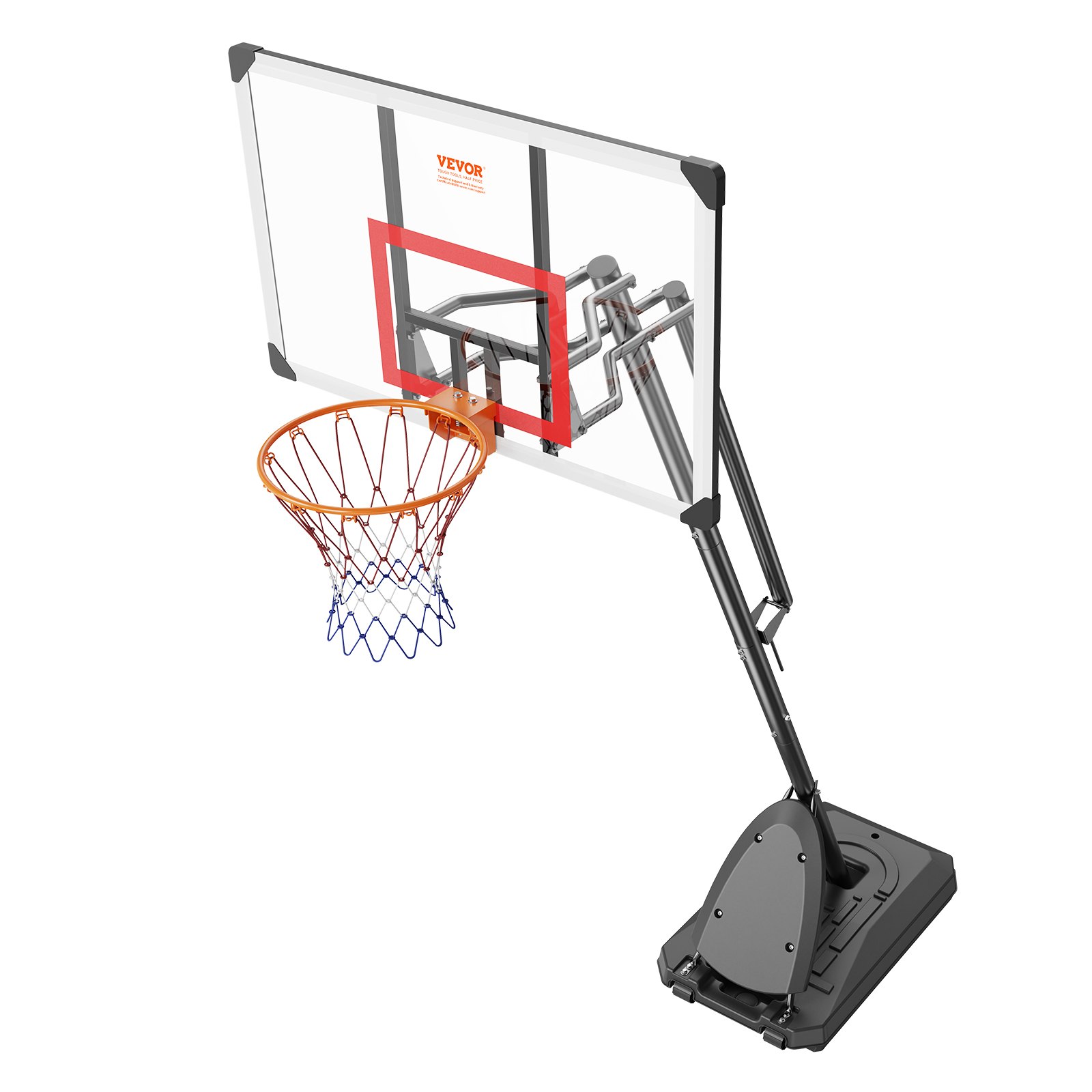 Aro de baloncesto VEVOR con altura ajustable, base resistente y tablero transparente para jugar en interiores o exteriores.