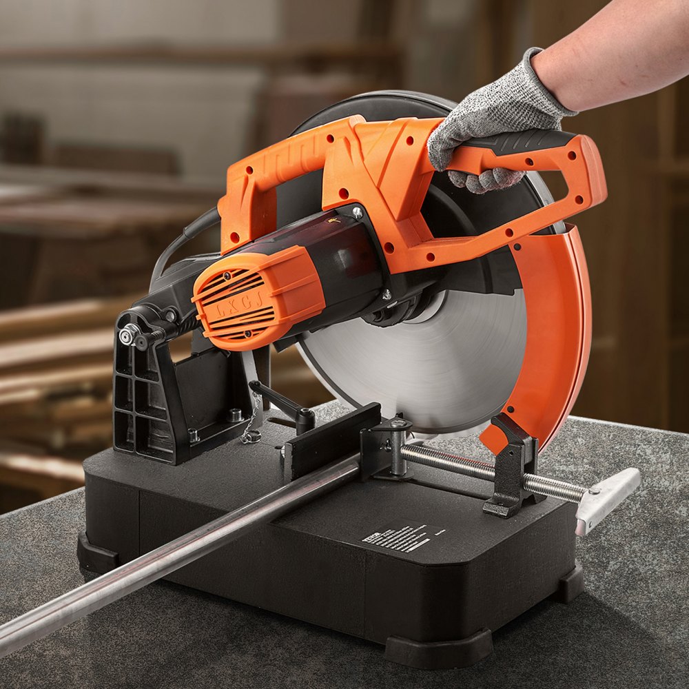 Sierra de corte VEVOR, sierra de corte de 14"/355 mm de diámetro, máquina cortadora de acero de 2800 W, 1200 RPM, sierra de corte en seco ajustable de 0-45°, sierra ingletadora para cortar metal, sierra de corte en frío para acero/barra de refuerzo/hierro/aluminio