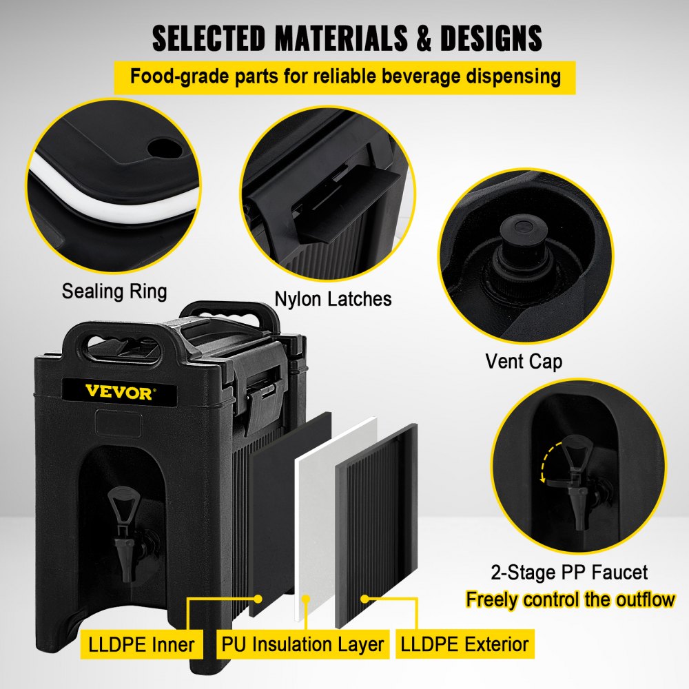Dispensador de bebidas aislado VEVOR, 2,5 galones, servidor de bebidas de doble pared con capa de aislamiento de PU, dispensador de bebidas frías y calientes con manijas de grifo de 2 etapas, pestillos de nailon, tapa de ventilación,negro