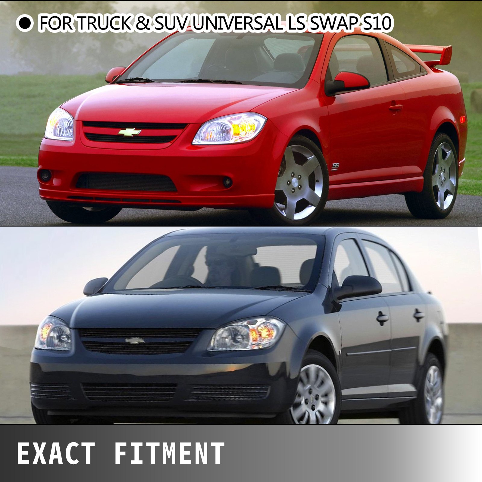 Los cabezales de escape intercambiables VEVOR ls se exhiben en vehículos Chevrolet rojos y negros para camionetas y SUV.