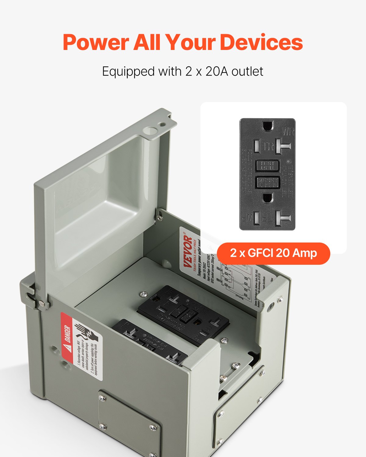 Caja de toma de corriente eléctrica para exteriores, 2 receptáculos GFCI de 20 amperios, caja de toma de corriente