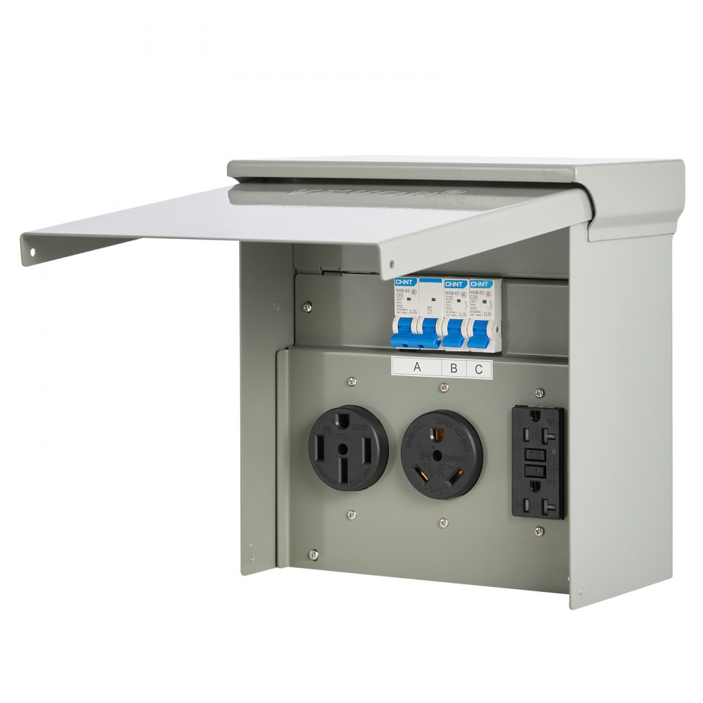 Panel de tomacorrientes temporal VEVOR de 20, 30 y 50 A para vehículos recreativos y vehículos eléctricos, con tomacorriente NEMA de 50 A, NEMA de 30 A, GFCI de 20 A instalado, caja impermeable IP54 precableada, para autocaravanas, caravanas y autocaravanas.