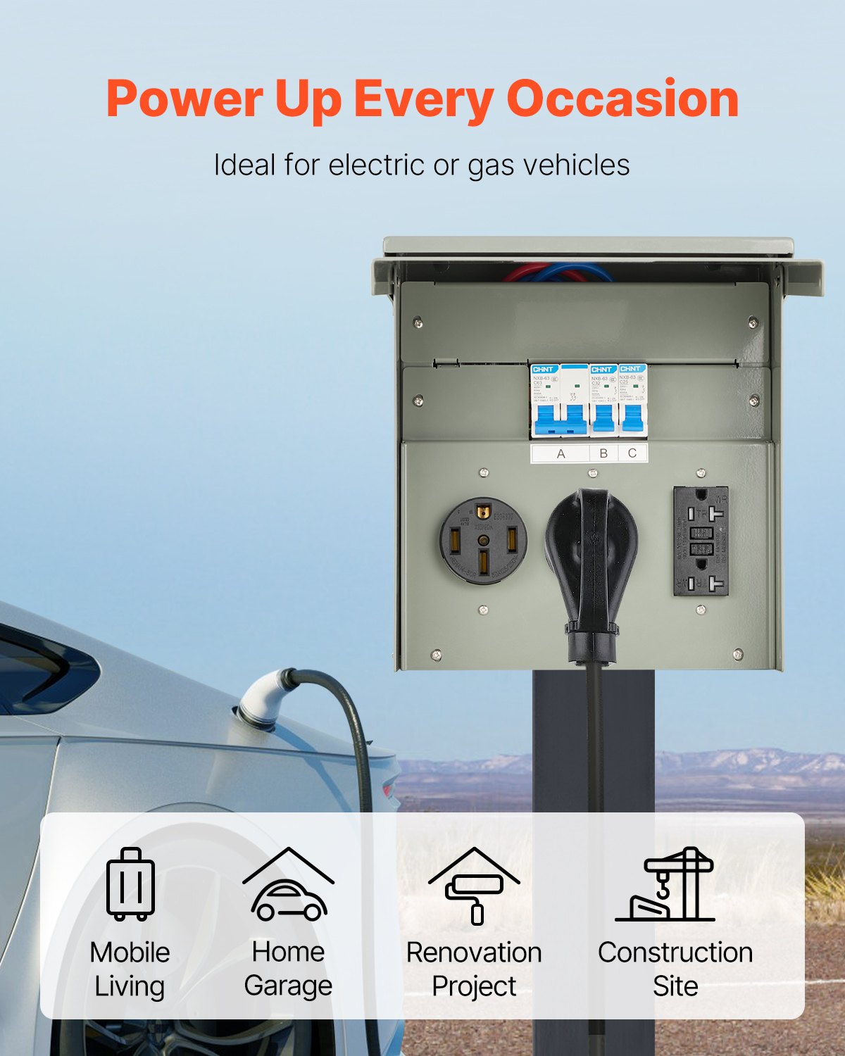 Panel de tomacorrientes temporal VEVOR de 20, 30 y 50 A para vehículos recreativos y vehículos eléctricos, con tomacorriente NEMA de 50 A, NEMA de 30 A, GFCI de 20 A instalado, caja impermeable IP54 precableada, para autocaravanas, caravanas y autocaravanas.