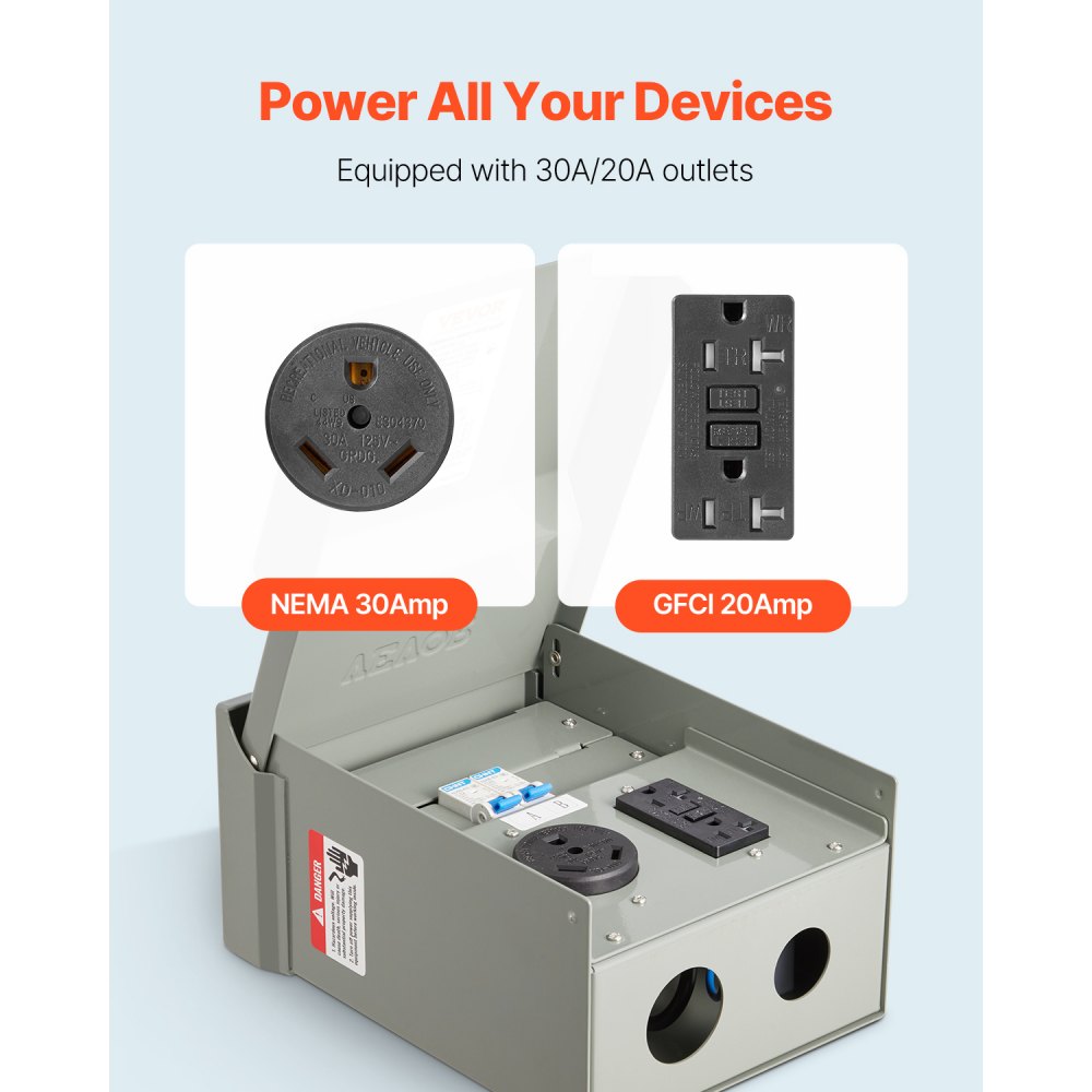 Panel de tomacorrientes temporal VEVOR de 20 a 30 A para vehículos recreativos, vehículos eléctricos, con receptáculo NEMA de 30 A con GFCI de 20 A instalado, caja impermeable IP54 precableada, para autocaravanas, caravanas, viajes, etc.