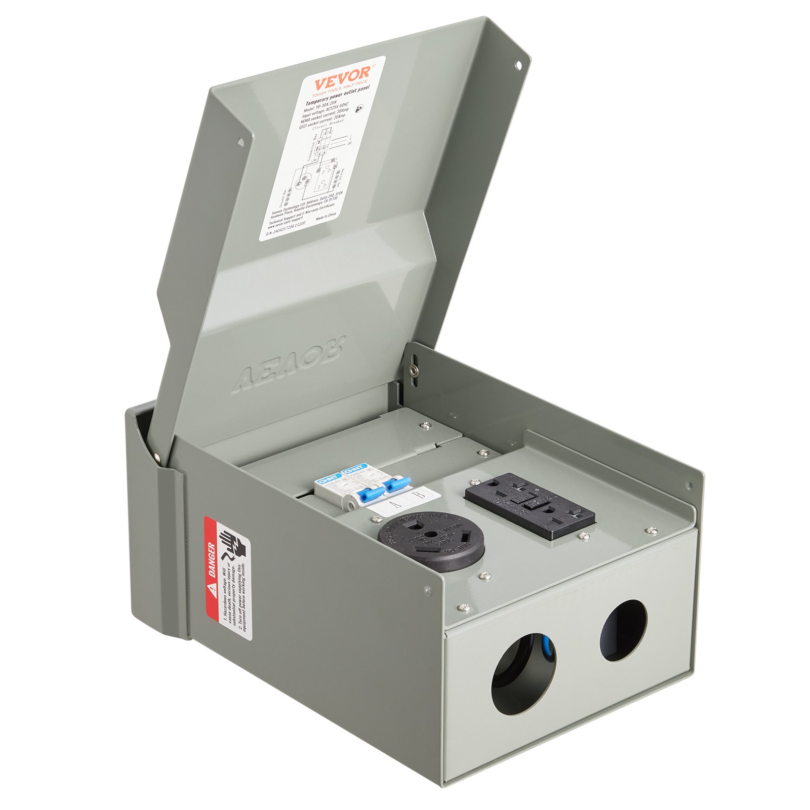 Panel de tomacorrientes temporal VEVOR de 20 a 30 A para vehículos recreativos, vehículos eléctricos, con receptáculo NEMA de 30 A con GFCI de 20 A instalado, caja impermeable IP54 precableada, para autocaravanas, caravanas, viajes, etc.