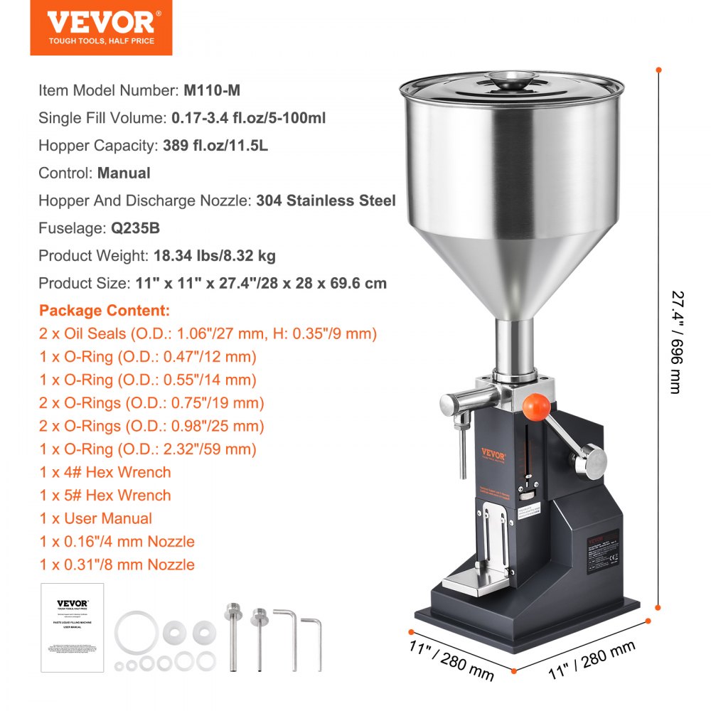 VEVOR Máquina de llenado de líquidos de pasta manual, Llenadora de botellas de 5-100 ml, Máquina de llenado de botellas ajustable, Llenadora de líquidos de acero inoxidable con tolva para leche, agua, jugo, aceite esencial, champú, miel cosmética