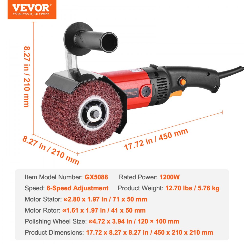 Pulidora de superficies VEVOR de 1200 W y 6 velocidades variables, pulidora eléctrica de mano para metales con 4 ruedas de pulido de fibra para acero inoxidable y metales no ferrosos.