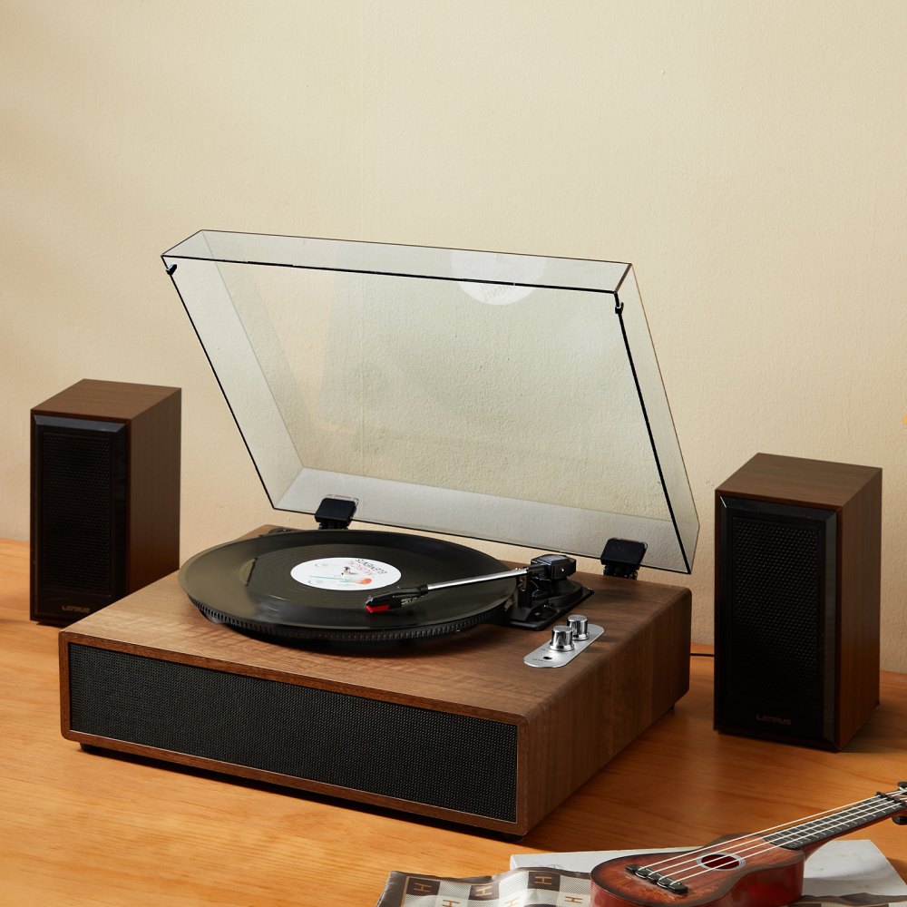 Tocadiscos de vinilo VEVOR de 3 velocidades con transmisión por correa, altavoces estéreo de 10 W integrados, cartucho magnético, compatible con 33/45/78 RPM, Bluetooth, entrada auxiliar y salida RCA, para discos de vinilo de 7/10/12 pulgadas.