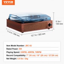 VEVOR Reproductor de discos de vinilo, 3 velocidades, tocadiscos accionado por correa con altavoces estéreo incorporados de 10 W, cartucho magnético, compatible con 33/45/78 RPM Bluetooth Aux en salida RCA, para discos de vinilo de 7/10/12 pulgadas