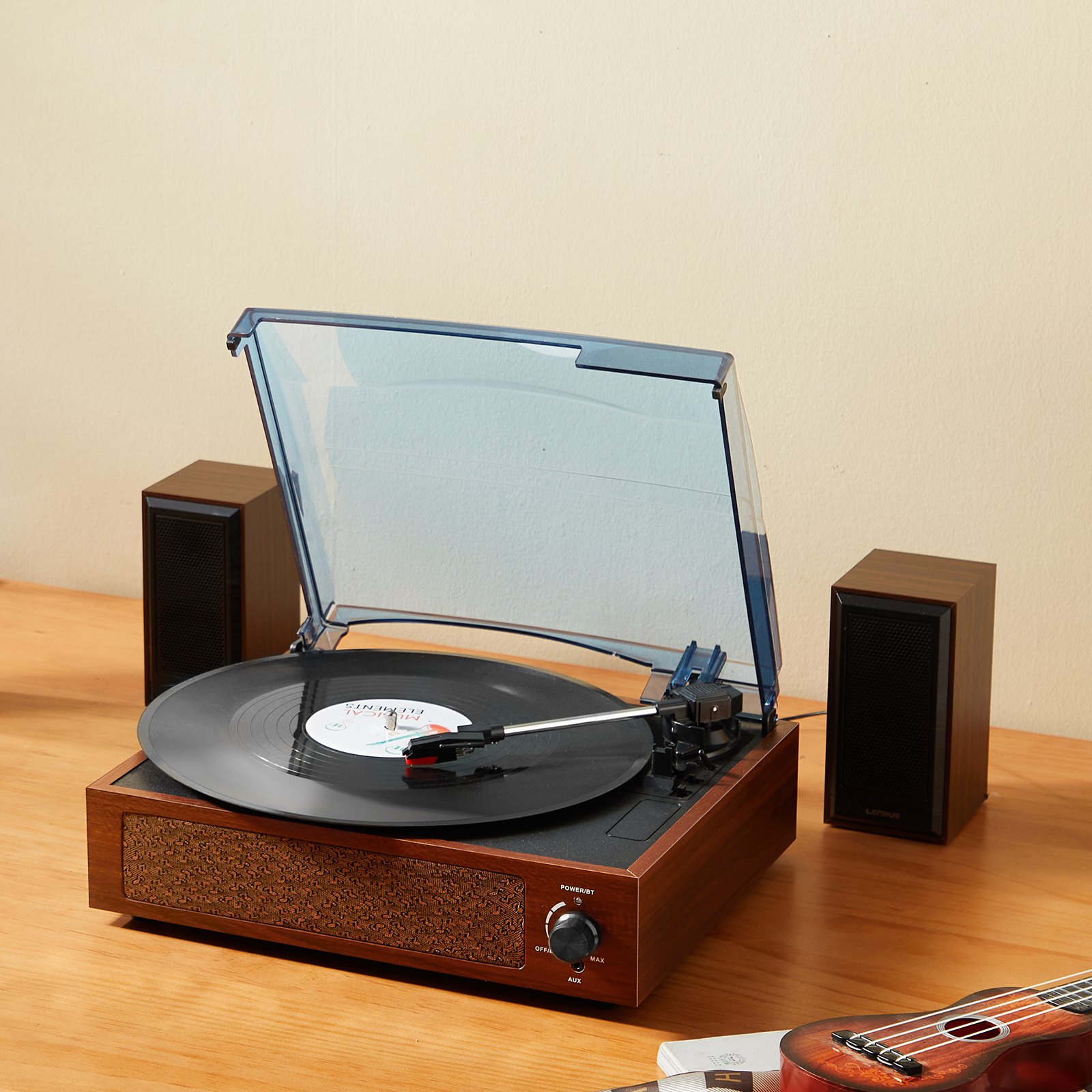 Tocadiscos de vinilo VEVOR de 3 velocidades con transmisión por correa, altavoces estéreo de 5 W integrados, cartucho magnético, compatible con 33/45/78 RPM, Bluetooth, entrada auxiliar y salida RCA, para discos de vinilo de 7/10/12 pulgadas.