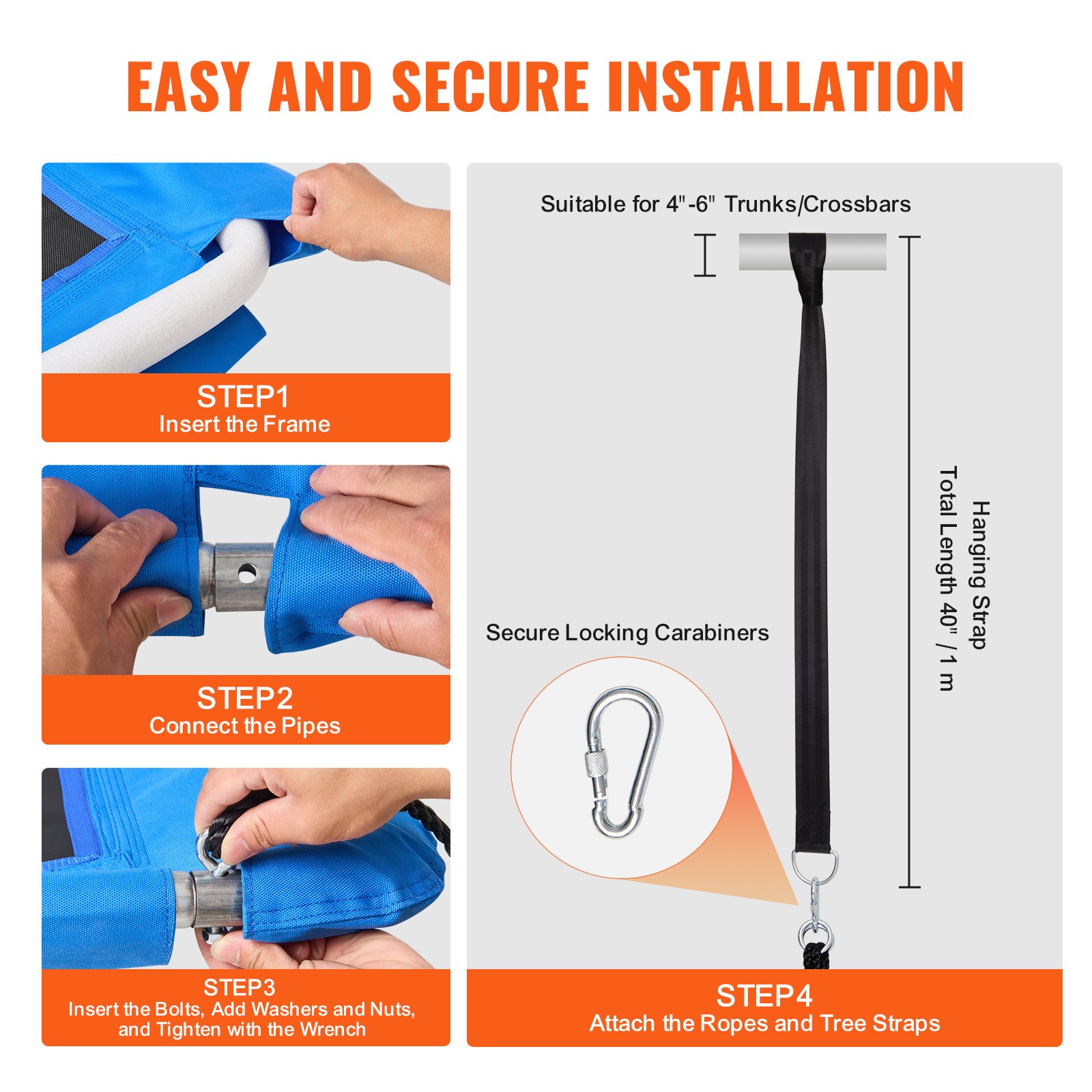 Columpio de plataforma VEVOR de 152 cm para niños y adultos, con capacidad de peso de 317 kg, asiento de tela Oxford 900D, 2 correas para colgar en el árbol y cuerdas ajustables multihilo.