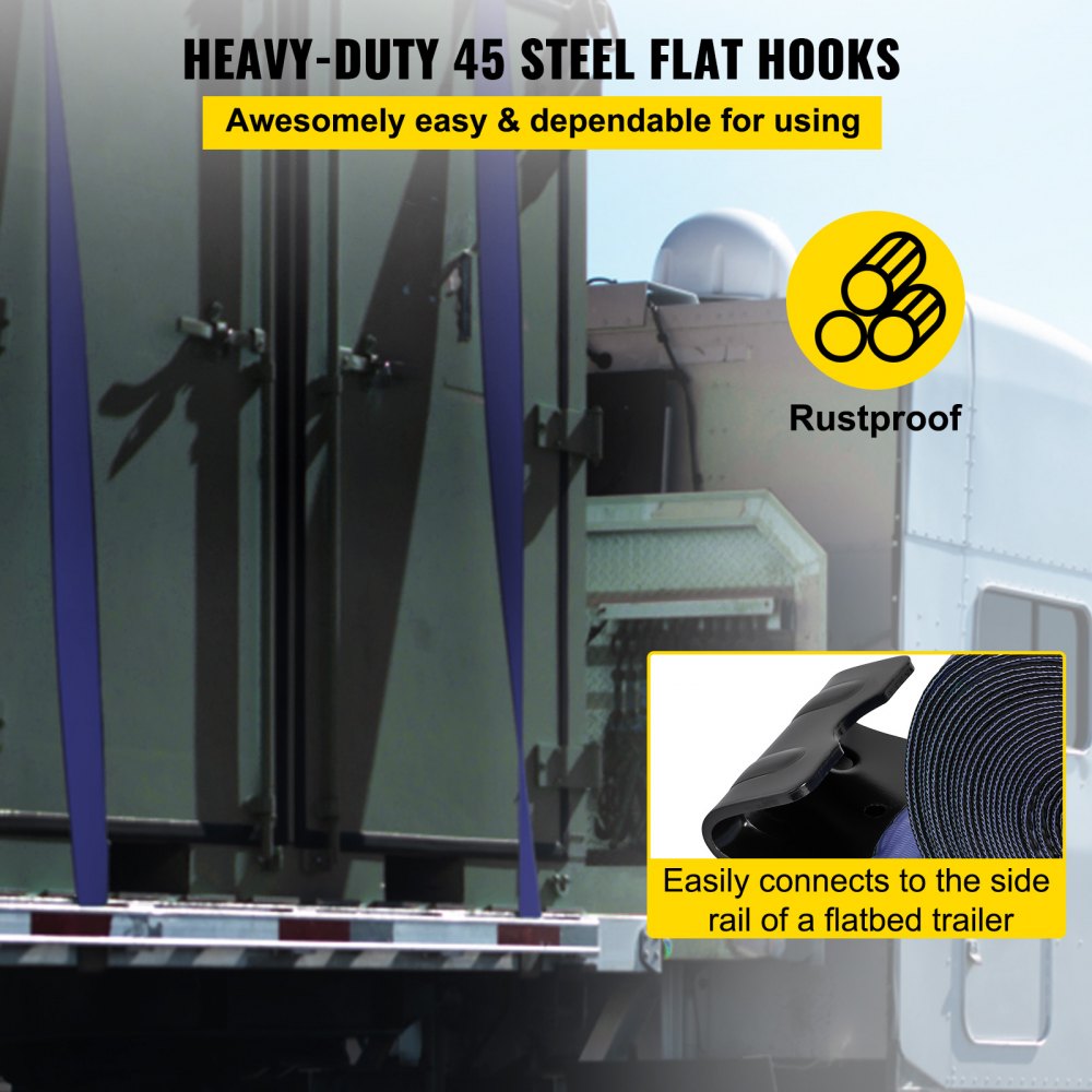 VEVOR Correas para camión de 4 x 30 pies, correas de cabrestante con gancho plano, amarres de cama plana, capacidad de carga de 15400 libras, correa de cama plana, control de carga para camiones, remolques, granjas, rescates, protector de árboles, azul (paquete de 10)