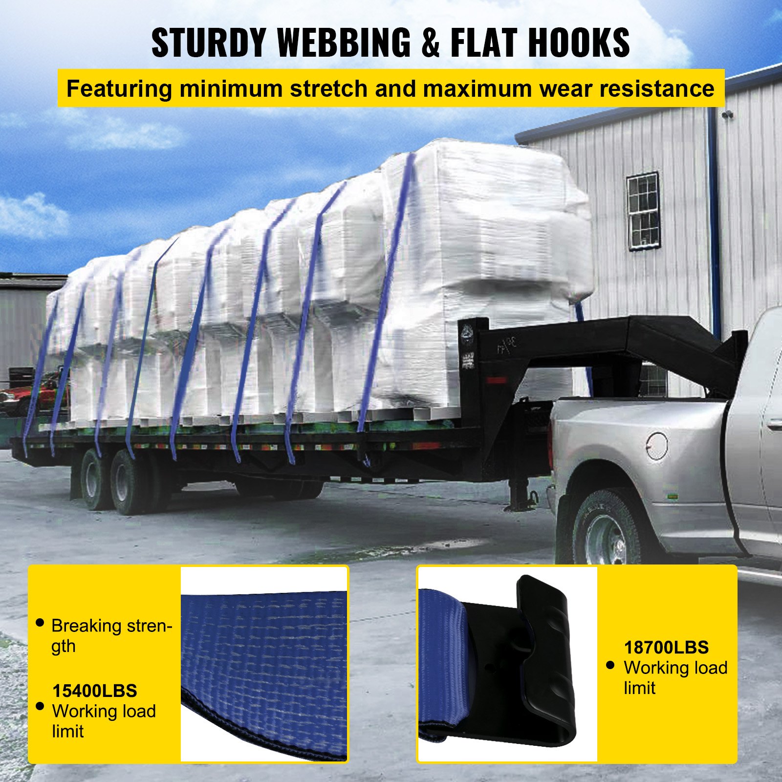 VEVOR Correas para camión de 4 x 30 pies, correas de cabrestante con gancho plano, amarres de cama plana, capacidad de carga de 15400 libras, correa de cama plana, control de carga para camiones, remolques, granjas, rescates, protector de árboles, azul (paquete de 10)
