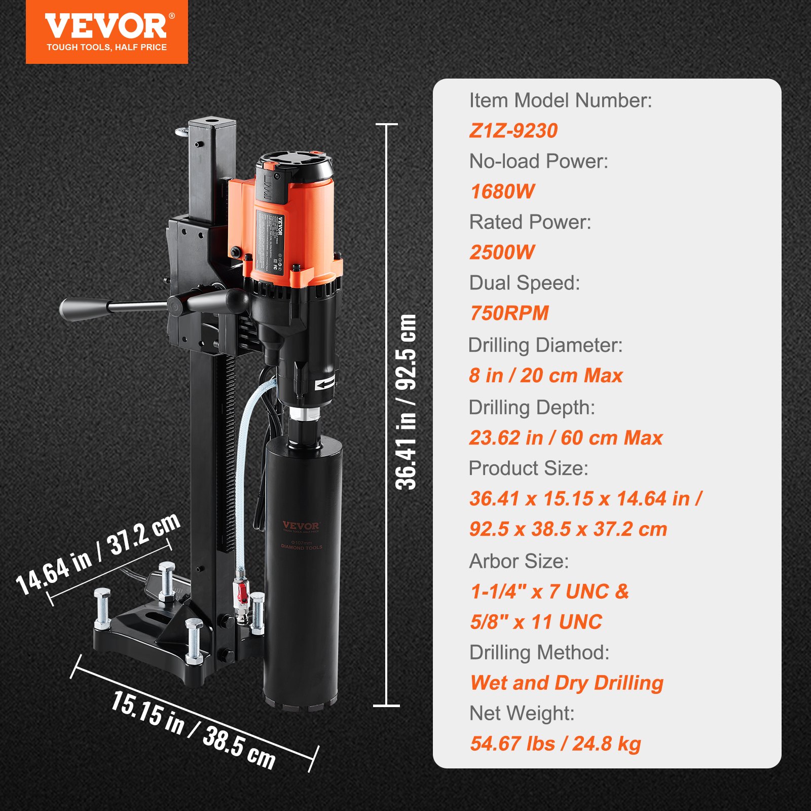 Perforadora de diamante VEVOR, equipo de perforación de núcleo de hormigón de 8 pulgadas (en húmedo y seco) con soporte, velocidad de 750 RPM, rosca de 1-1/4" y 5/8" y asa de elevación, diámetro de perforación de 8 pulgadas para hormigón, ladrillo, bloque, piedra, 2500 W