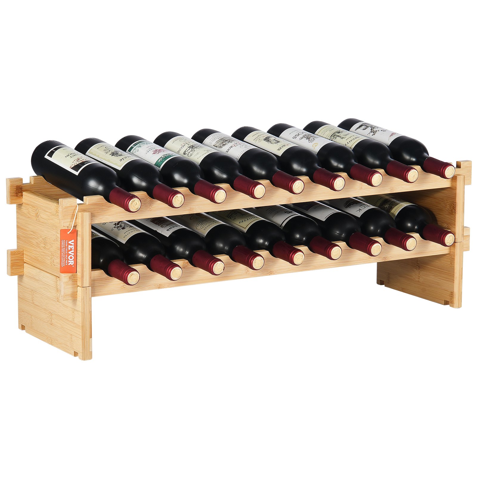 VEVOR - Botellero modular apilable para 18 botellas, de madera maciza de bambú de 2 niveles, para vino, expositor independiente, para cocina, bar y bodega (color natural)