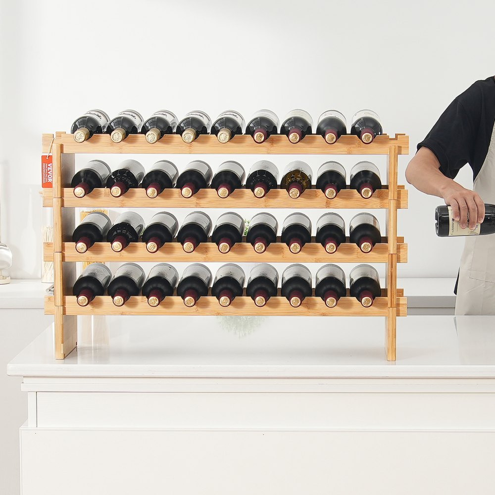 Estante de exhibición modular apilable para vinos VEVOR de madera de bambú de 4 niveles y 36 botellas