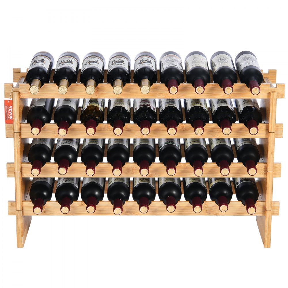Estante de exhibición modular apilable para vinos VEVOR de madera de bambú de 4 niveles y 36 botellas