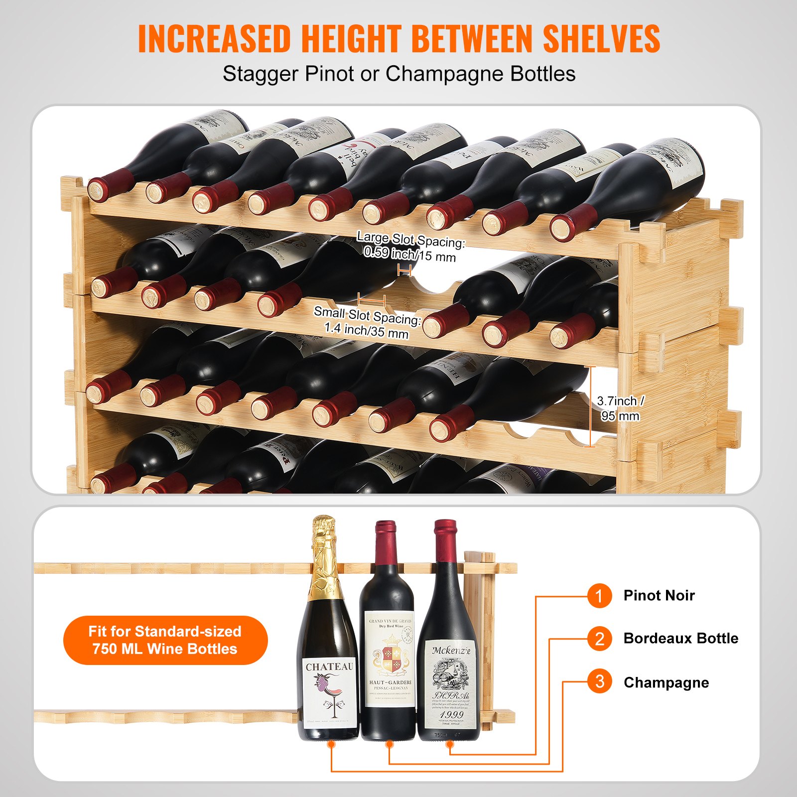 Estante de exhibición modular apilable para vinos VEVOR de madera de bambú de 4 niveles y 36 botellas