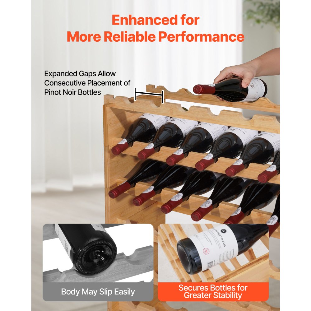 Botellero modular apilable VEVOR para 72 botellas, 8 niveles, botellero independiente de pie, estante resistente para exhibición de vinos, estantes estables, fácil montaje, para cocina, bodega y bar, color natural.