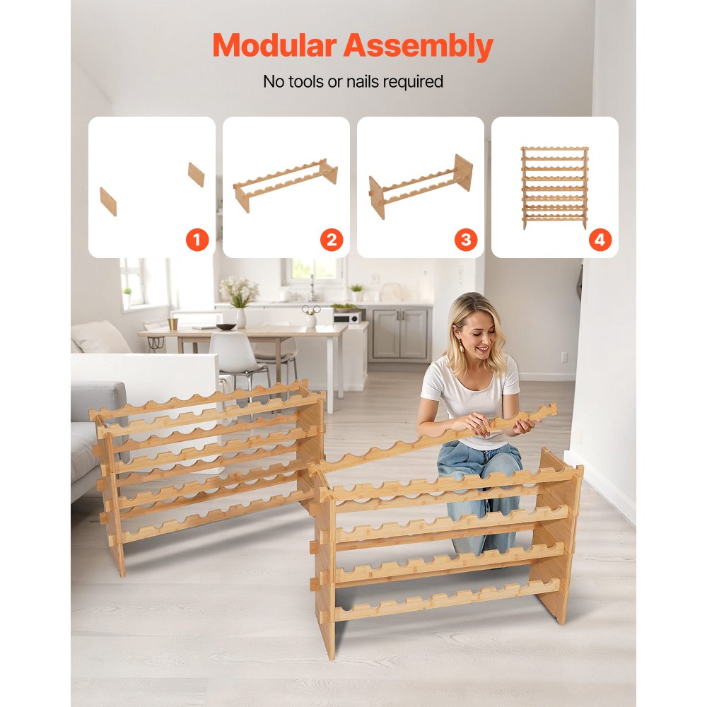 Botellero modular apilable VEVOR para 72 botellas, 8 niveles, botellero independiente de pie, estante resistente para exhibición de vinos, estantes estables, fácil montaje, para cocina, bodega y bar, color natural.