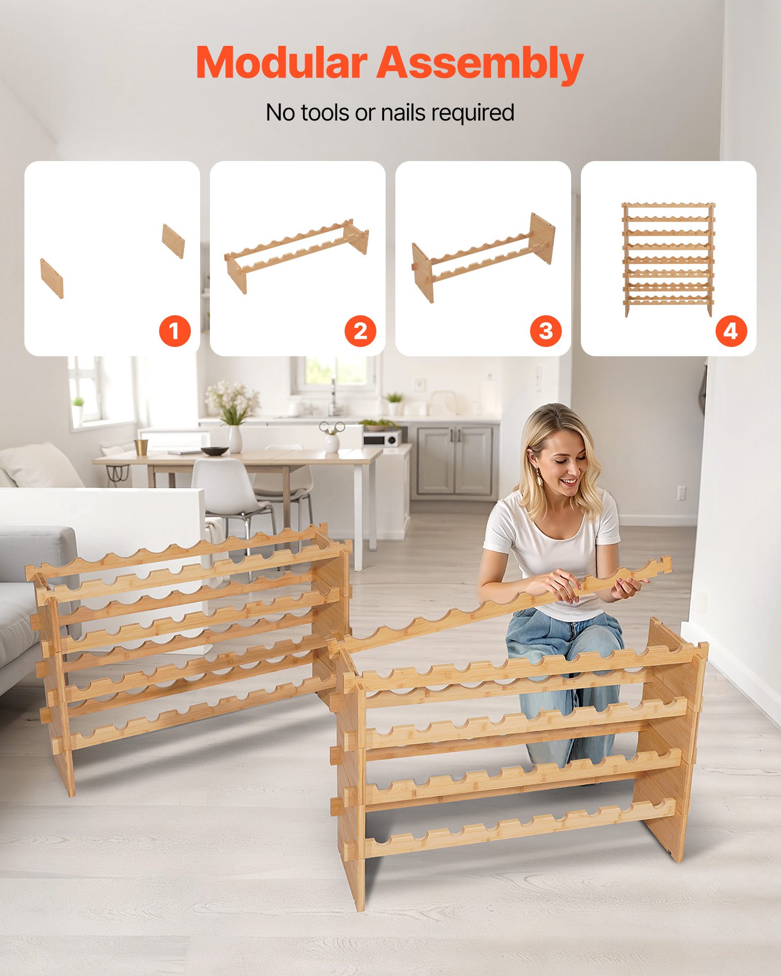 Botellero modular apilable VEVOR para 72 botellas, 8 niveles, botellero independiente de pie, estante resistente para exhibición de vinos, estantes estables, fácil montaje, para cocina, bodega y bar, color natural.