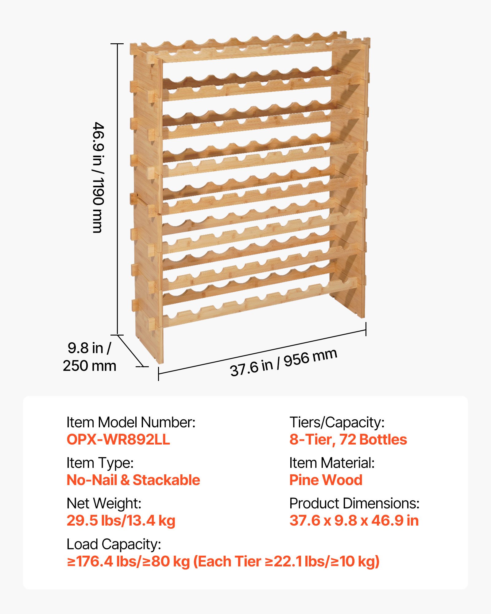 Botellero modular apilable VEVOR para 72 botellas, 8 niveles, botellero independiente de pie, estante resistente para exhibición de vinos, estantes estables, fácil montaje, para cocina, bodega y bar, color natural.
