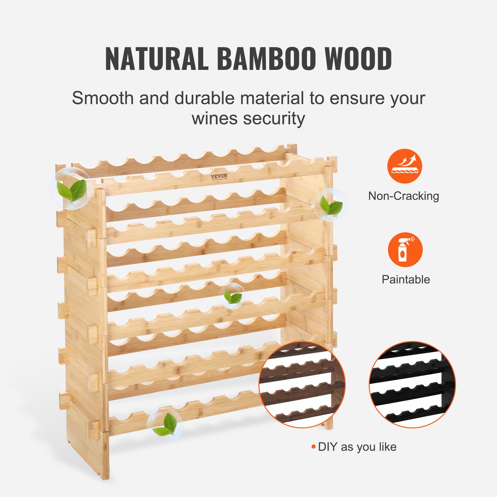 VEVOR Botellero modular apilable para 48 botellas, estantes de almacenamiento de madera de bambú maciza de 6 niveles, estante de exhibición independiente para vino, estantes sin oscilaciones para coci